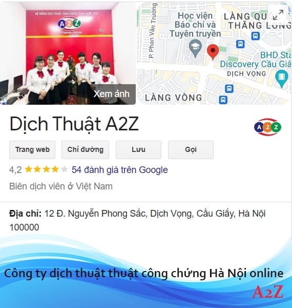 Công ty dịch thuật thuật công chứng Hà Nội online A2Z